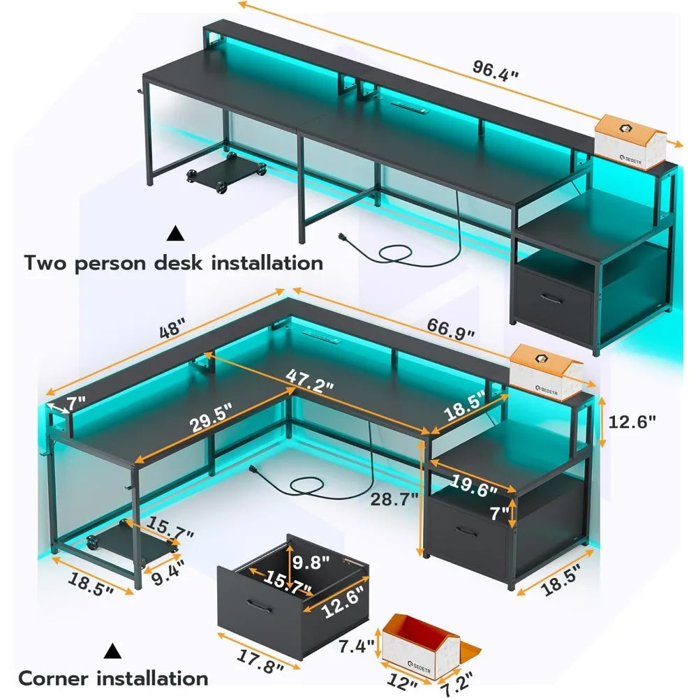 66" L-Shaped Gaming Desk With Led Lights