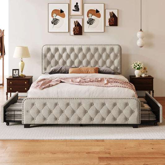 Upholstered Platform Bed Frame With Four Drawers