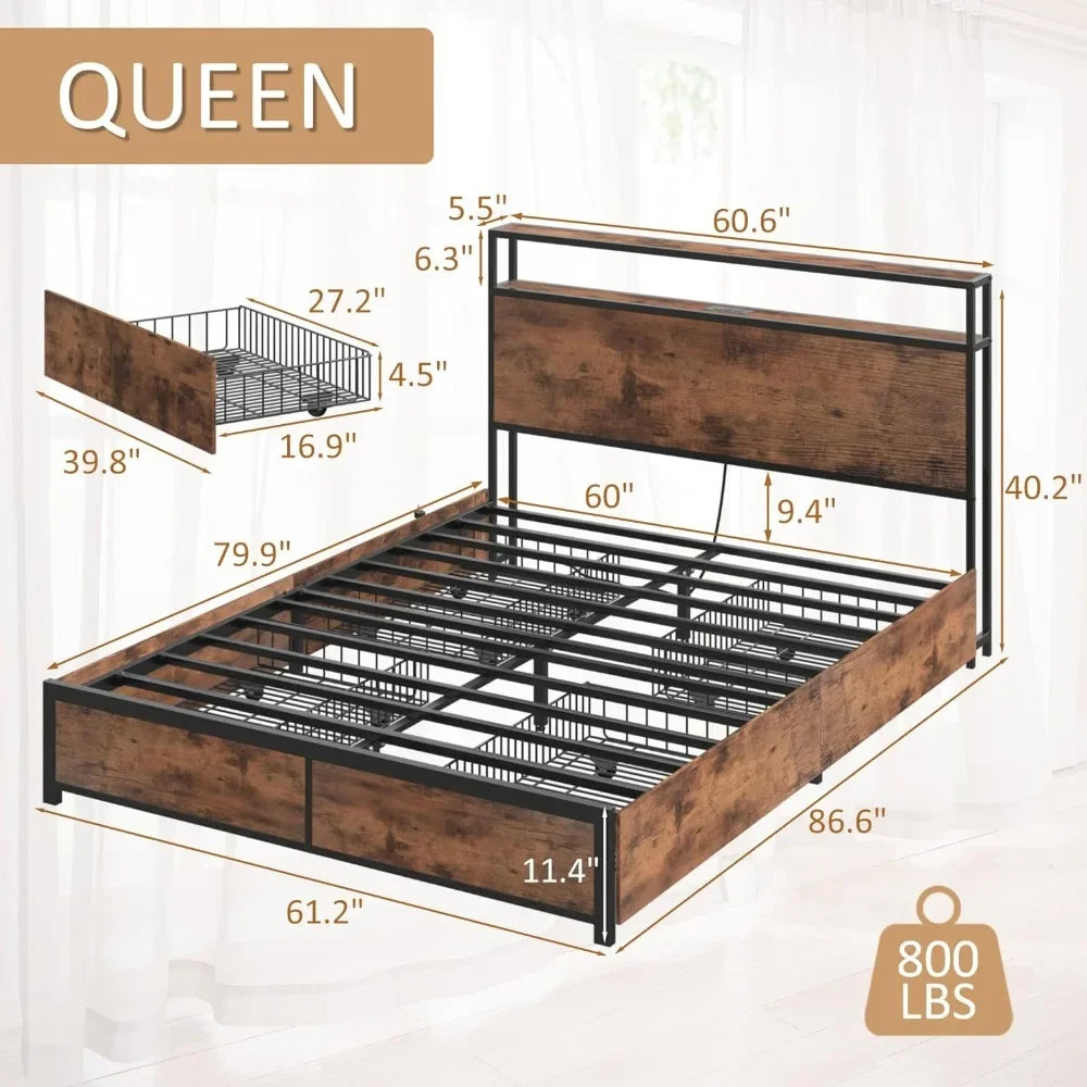 Queen Bed Frame,2-Tier Storage Headboard