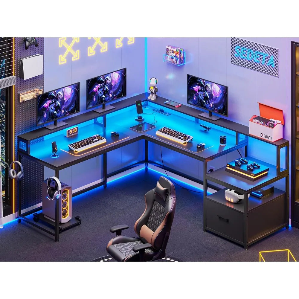 66" L-Shaped Gaming Desk With Led Lights