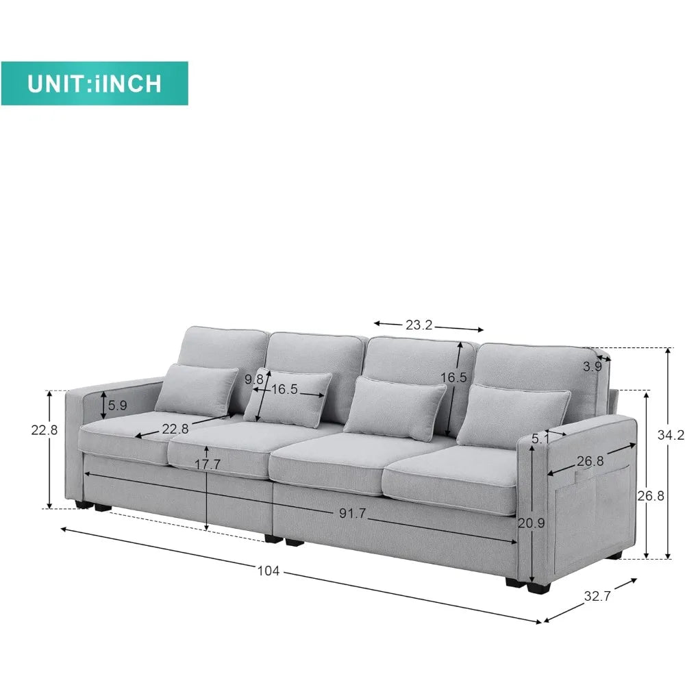 Fabric Sofa With Armrest Pockets And 4 Pillows