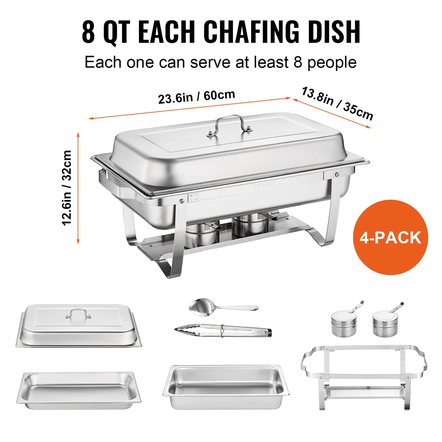 8QT Rectangle Chafing Dish 4-Pack Stainless Steel