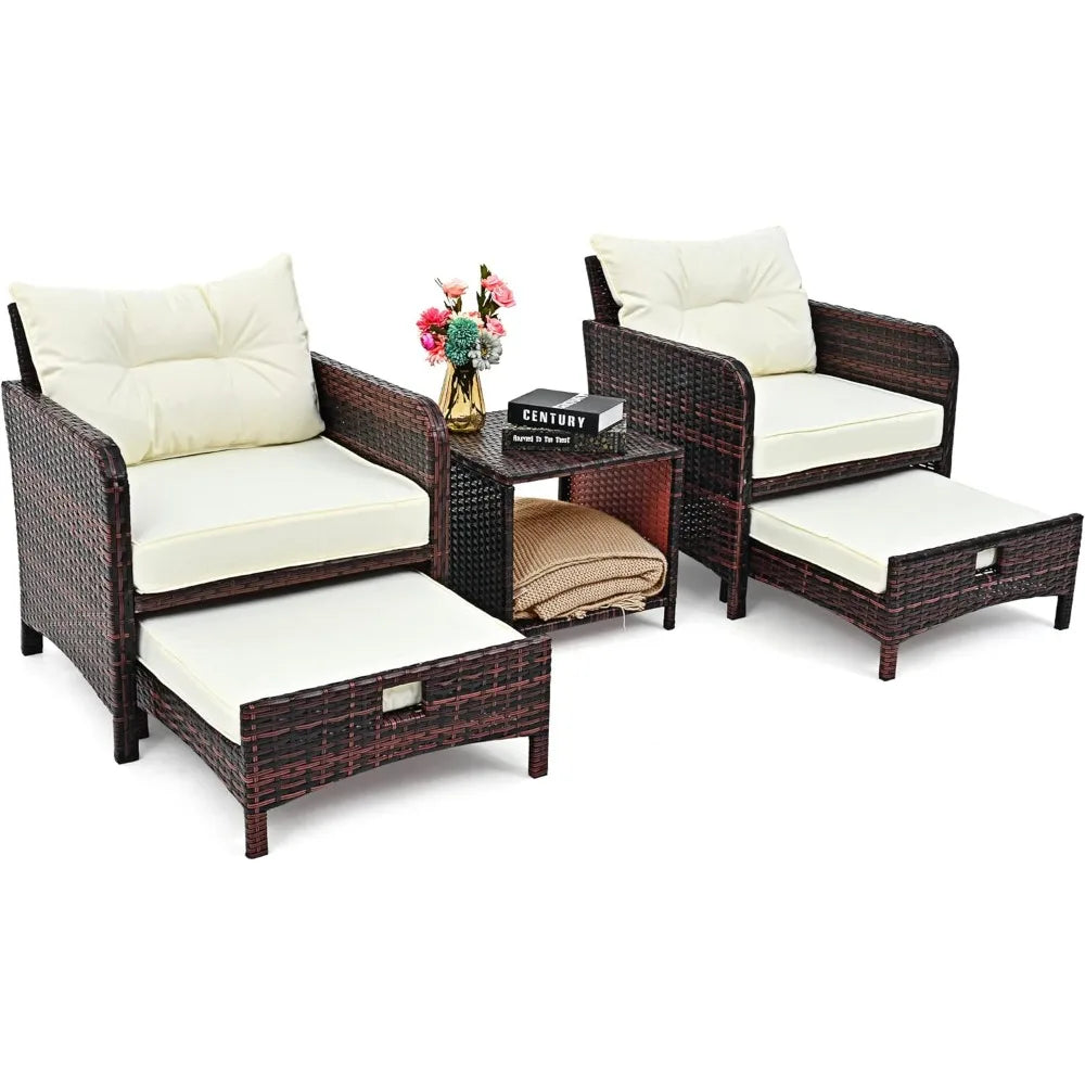 5-Piece Wicker Patio Set With Ottomans & Table