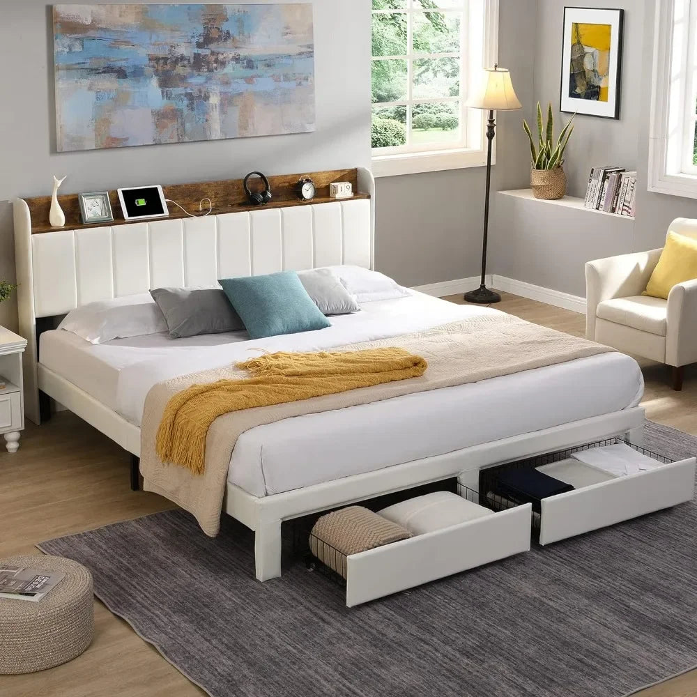 Upholstered Bed Frame King Size With Headboard Under Bed Storage No Box Spring Needed/Noise Free/Heavy Duty/White Platform Queen