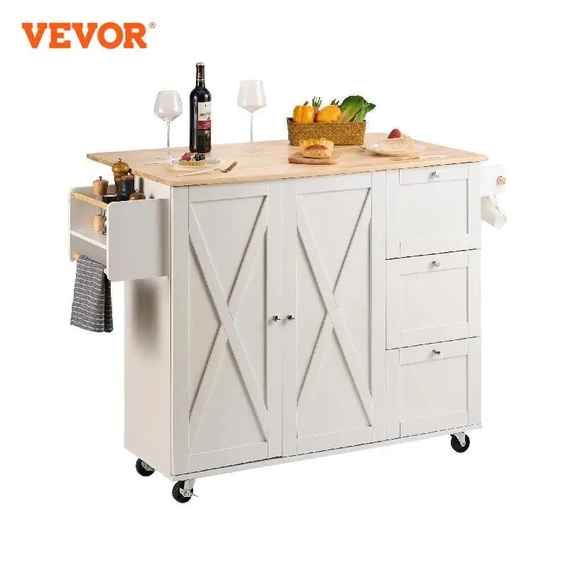 3-Drawer White Mobile Kitchen Island