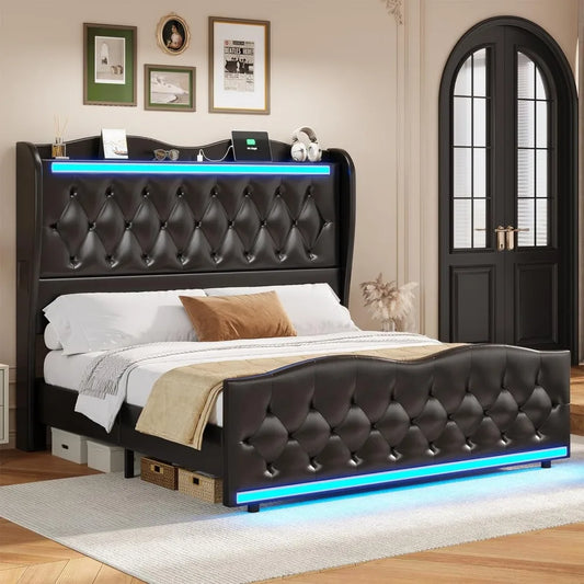 Queen Size Bed Frame, Headboard, LED Lights