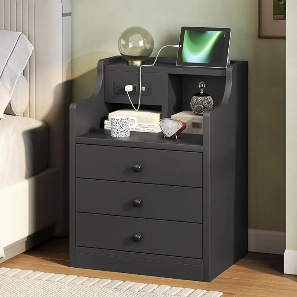 Nightstand with Charging Station 3 Drawers