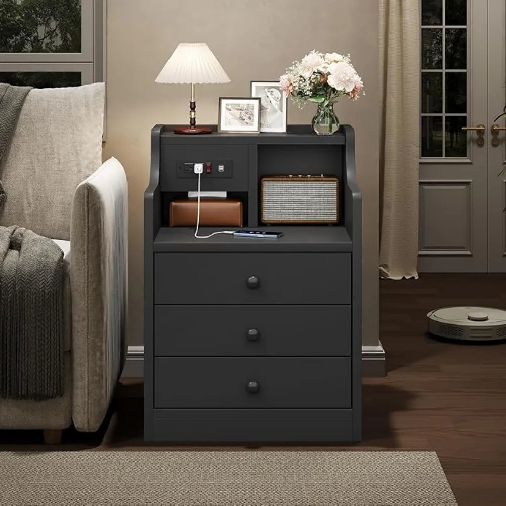 Nightstand with Charging Station 3 Drawers